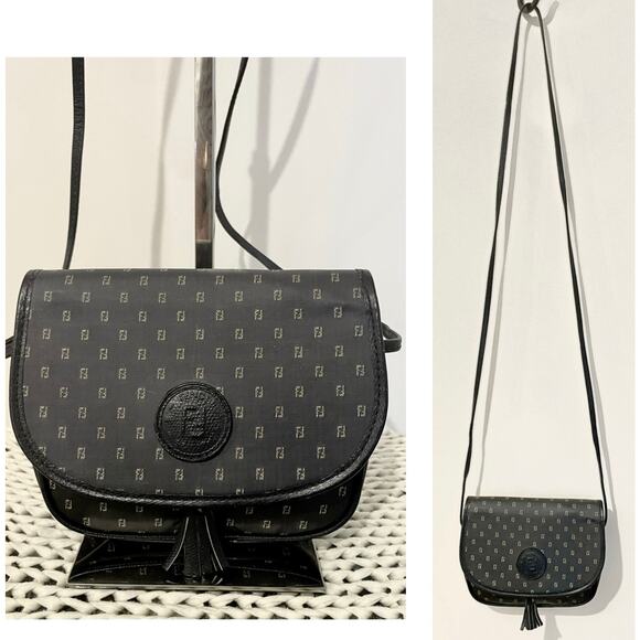 Fendi Vintage Logo FF Crossbody Bag Mini Zucca Flap Navy Blue Tassel Canvas - Picture 1 of 14